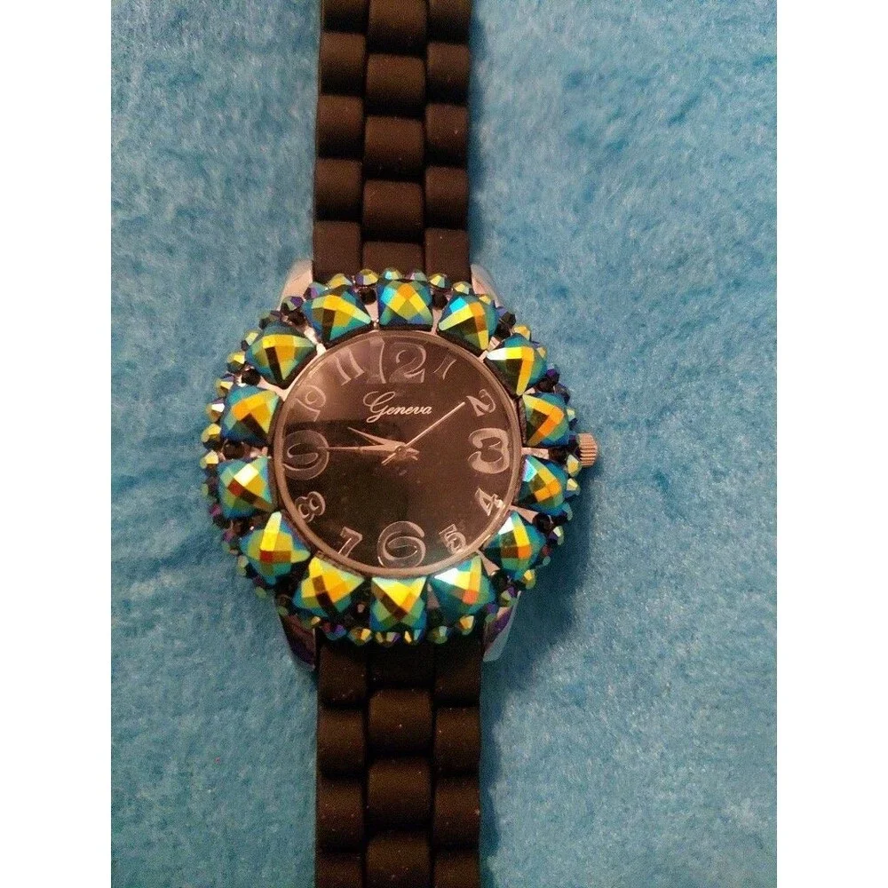 New Black Water Resistant With Blue Iridescent Rhinestone Designed Watch Analog